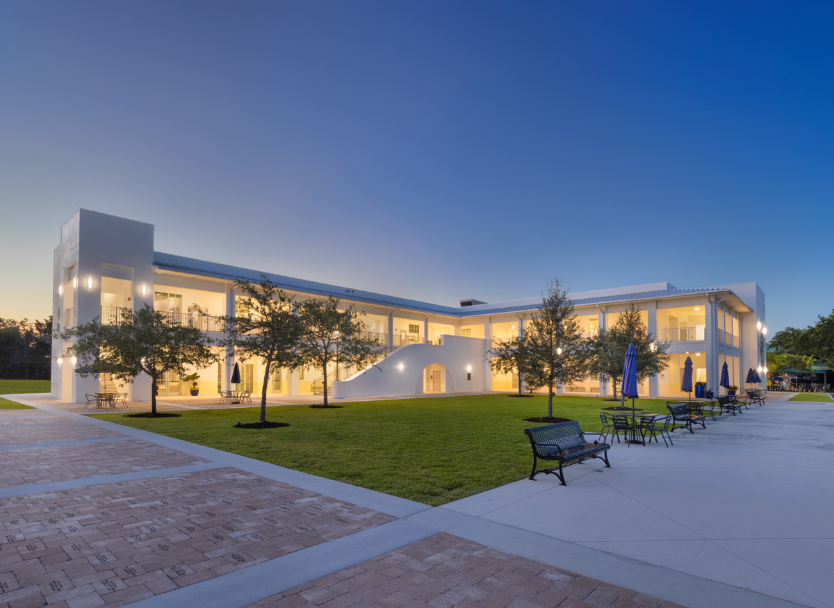 Architectural dusk view of Palmer Trinity student center in Miami, FL